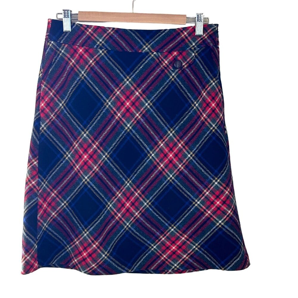 LL Bean Womens Wool Blend A Line Skirt Plaid Red Blue Green Pockets Petite Sz 8‎